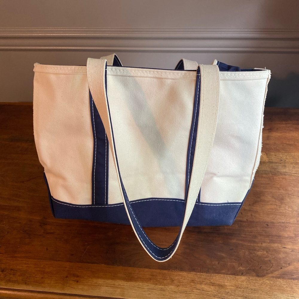 L.L. Bean Boat and Tote Cream and Navy top zip Tote Bag